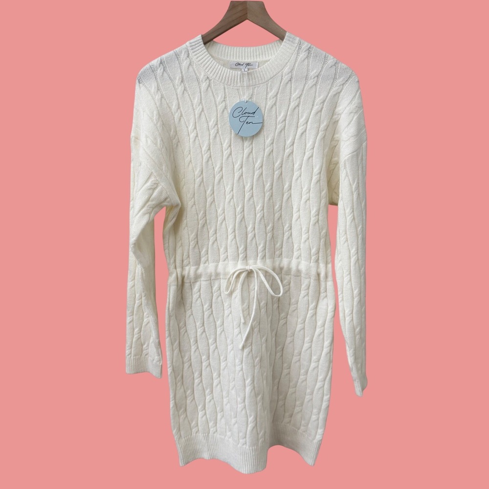 Cloud Ten Sweater Dress L cream Cable Knit Drawstring‎